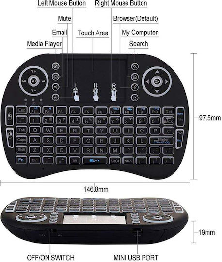 I8 Backlit Wireless Keyboard with Touchpad English US