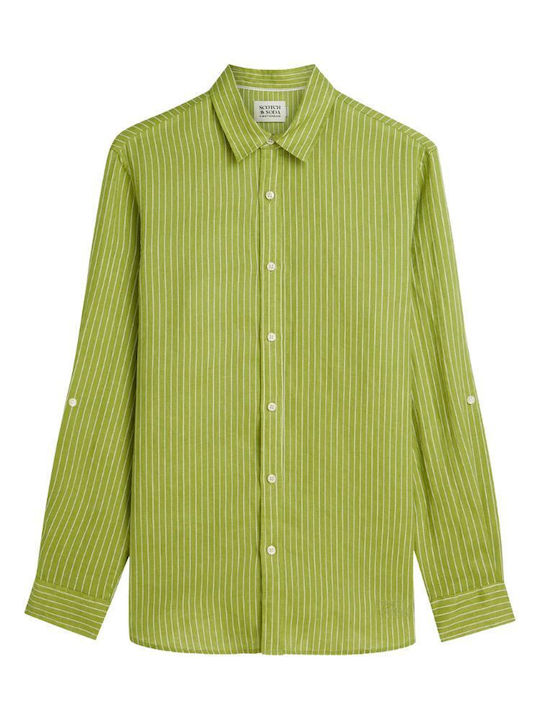 Long Sleeve Linen Shirt Regular Fit Striped Green