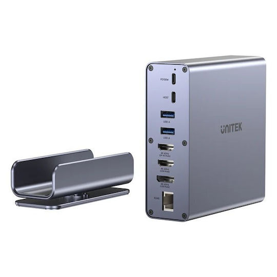 Unitek D1135A Dock / USB-C Dockingstation mit 4K-Unterstützung PowerDelivery Ethernet und Verbindung für 3 Monitore Silber