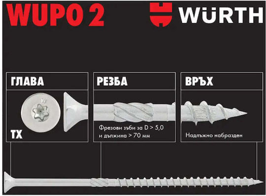 Wurth Șurub cu Diametru M4.5 și Lungime 80mm 100 Bucăți