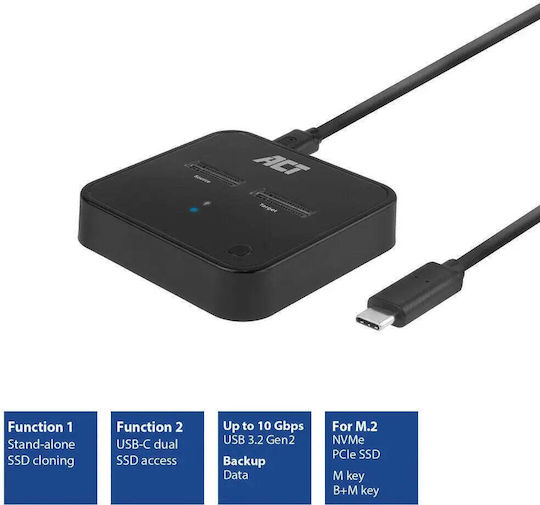 Двойна Ssd Докинг Станция Act M.2 Nvme Pcie Клониране Usb-c 3.2 Gen2 10 Gbps