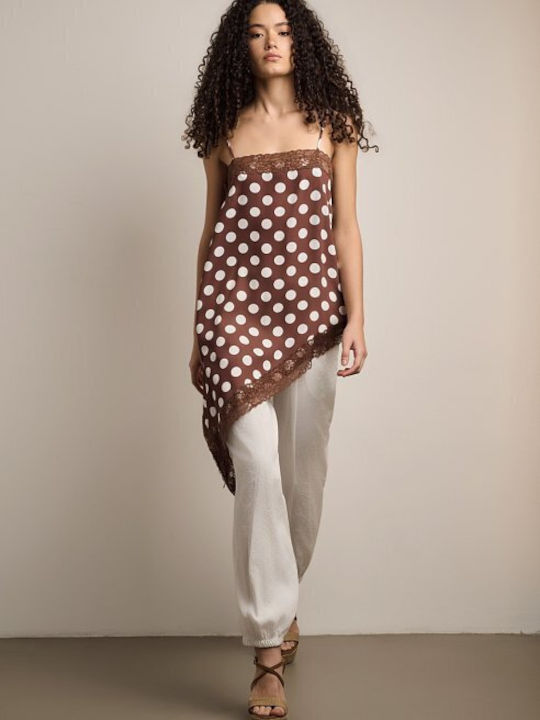 Damen Bluse mit Spaghetti-Träger Polka Dot Braun