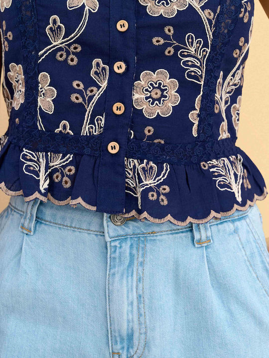 Women's Cotton Blouse with Lace Floral Multicolour