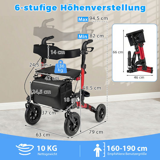 Costway Αναπηρικό Αμαξίδιο Πτυσσόμενο 5cm JH10073RE Κόκκινο