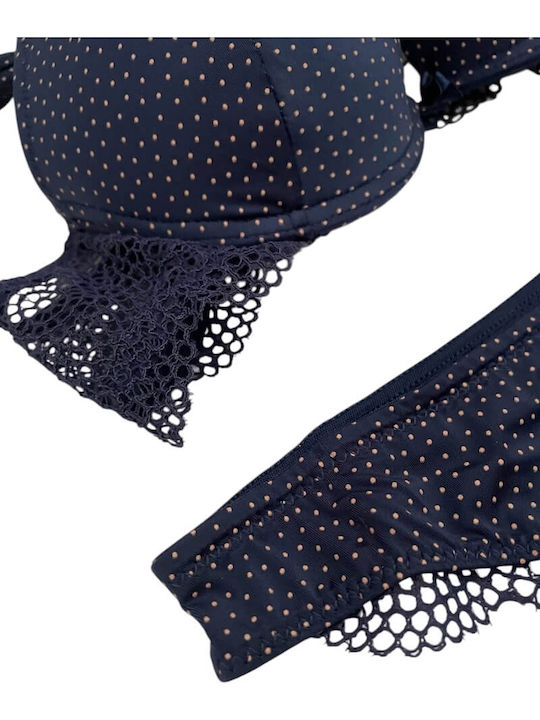 Lormar Σατέν Μπλε-navy Πουά Σετ Σατέν Push Up Σουτιέν Cup B Brazilian Σλιπ Dots 50426