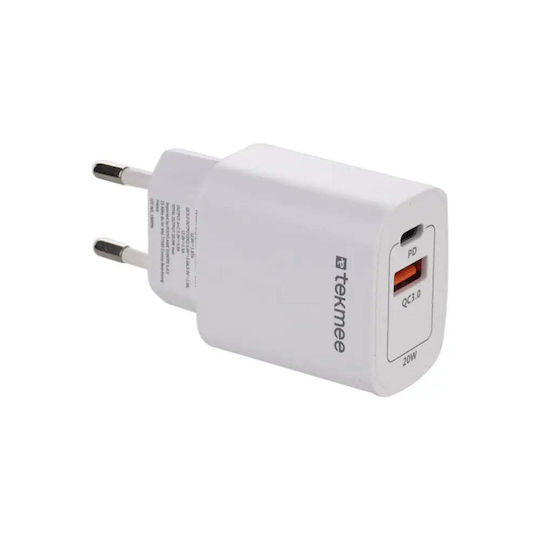 Tekmee Φορτιστής Χωρίς Καλώδιο με Θύρα USB-A και Θύρα USB-C 20W Λευκός