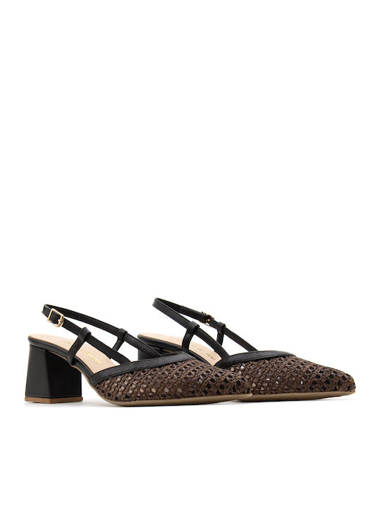 Leather Pointed Heels with Strap & Medium Heel Brown