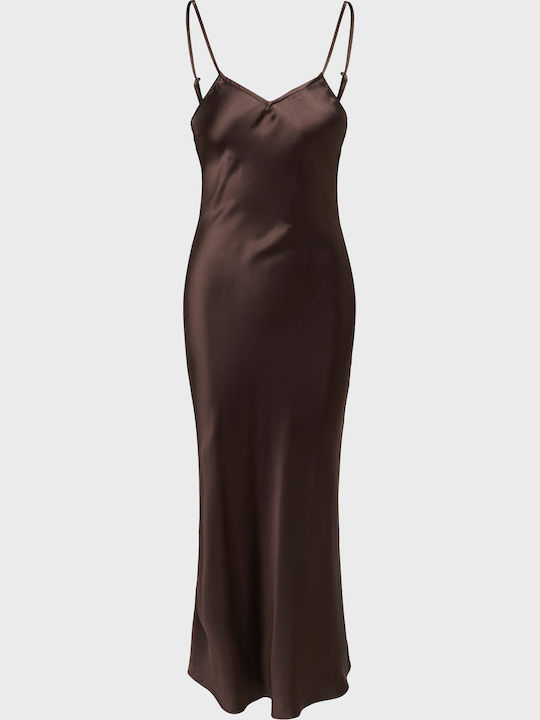 Summer Maxi Evening Slip Dress Satin Brown