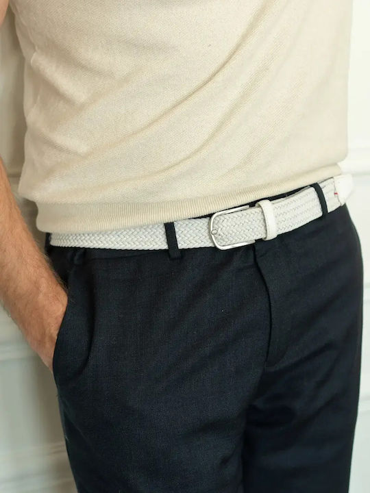 Elastic Men's Belt Made of Knitted White Artificial Leather