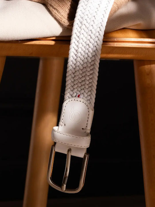 Elastic Men's Belt Made of Knitted White Artificial Leather