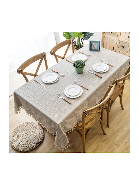 FRIPIA Leinen Tischdecke mit Stickerei Beigefarben 140x250cm