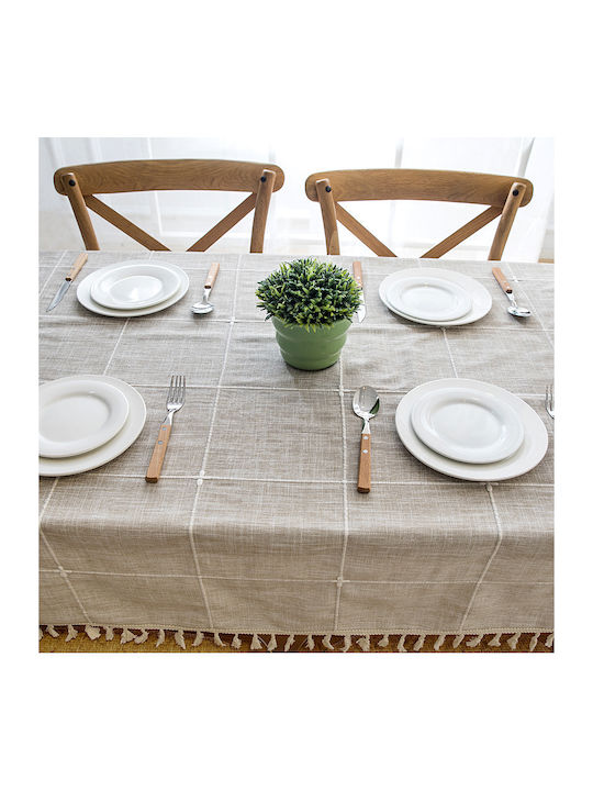 FRIPIA Leinen Tischdecke mit Stickerei Beigefarben 140x250cm