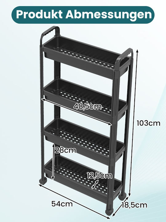 Costway Metallic Kitchen Trolley 4 Tiers Black 103x18.5x54cm