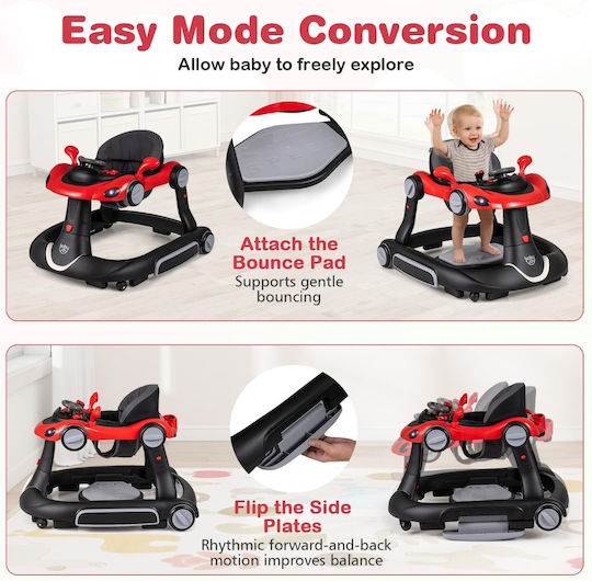 Costway Baby Walker 7 in 1 Foldable Canopy Adjustable Height Speed Red 79-83 x 62 x 72 Cm Bc10310br