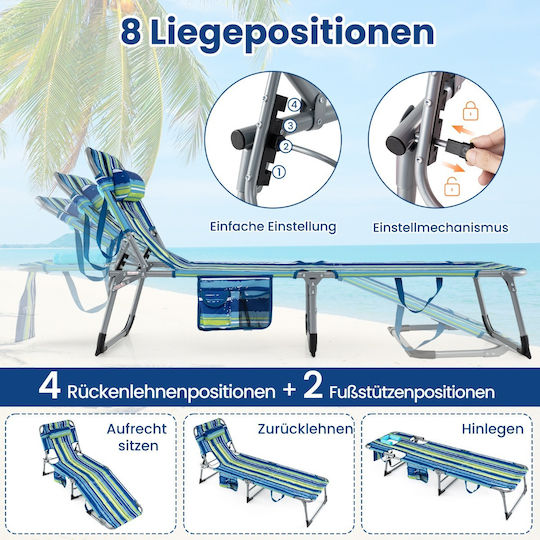 Costway Foldable Garden Sunbed Face and Arm Opening Adjustable Back Blue Striped 35–80 X 60 X 169–193 Cm Np13349tw