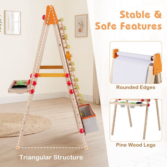 Costway Kids Wooden Drawing Board 3 in 1 Double Sided Magnetic Whiteboard Natural 74 5-104 5 x 51 x 65 cm Hy10441