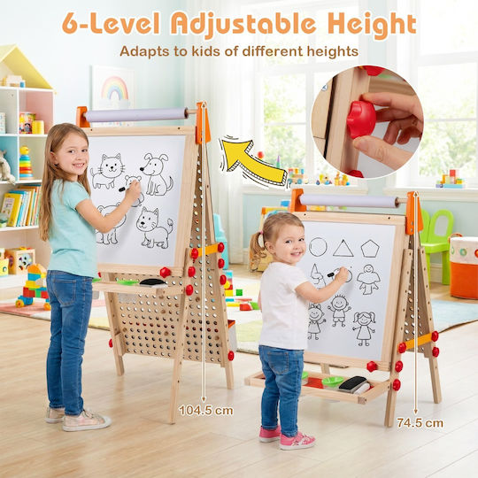 Costway Kids Wooden Drawing Board 3 in 1 Double Sided Magnetic Whiteboard Natural 74 5-104 5 x 51 x 65 cm Hy10441