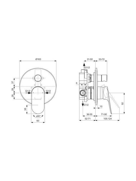 Ideal Standard Σετ Μίκτης & Παροχή Εντοιχισμού για Ντουζιέρα 2 Εξόδων Ασημί