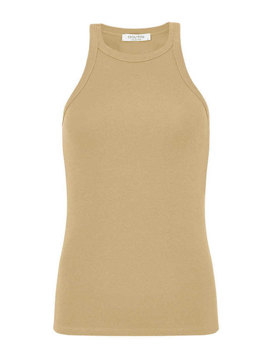 Celestino Damenbluse Rip Halter Ausschnitt Schlank Passform Dunkelbeige