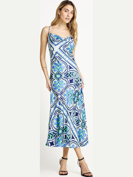 Summer Midi Dress for Wedding Christening Drape Satin Blue