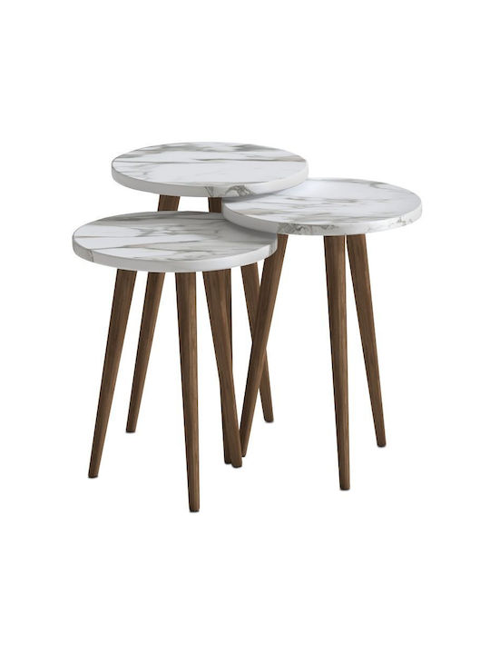 Round Side Coffee Table Cruz Made of Solid Wood White Marble Effect 3 Pieces W33xL33xH46cm