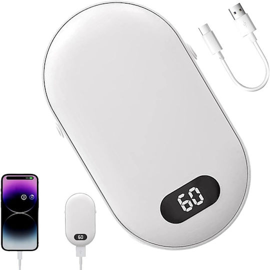 Încălzitor Electric de Mână Zola din Plastic 10w Baterie Incorporată 6000mah Temperatură 45-60 Grade Celsius Afișaj Lcd Termometru 10x6x2.5 Cm Alb