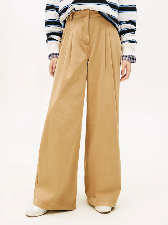 Pantaloni Largi Dama Din Bumbac Cămilă