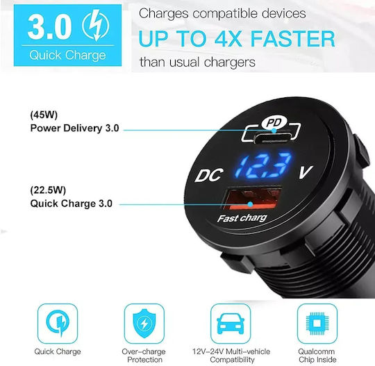 Wasserbeständiger Motorrad-Handy-Ladegerät mit Schnellladen mit USB- und USB-C-Anschlüssen mit Voltometer
