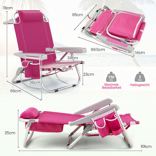 Costway Beach Chair Aluminium Pink Waterproof Set 2pcs