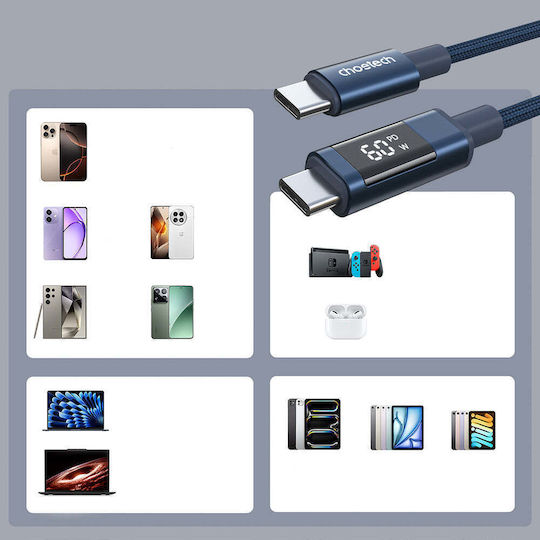 Choetech USB 2.0 Cable USB-C male - USB-C 60W PD Μπλε 1.2m