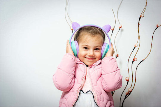 PowerLocus P2 Kids Cat Ears Ασύρματα / Ενσύρματα Over Ear Ακουστικά με Ραδιόφωνο με 20 ώρες Λειτουργίας Blue & Purple