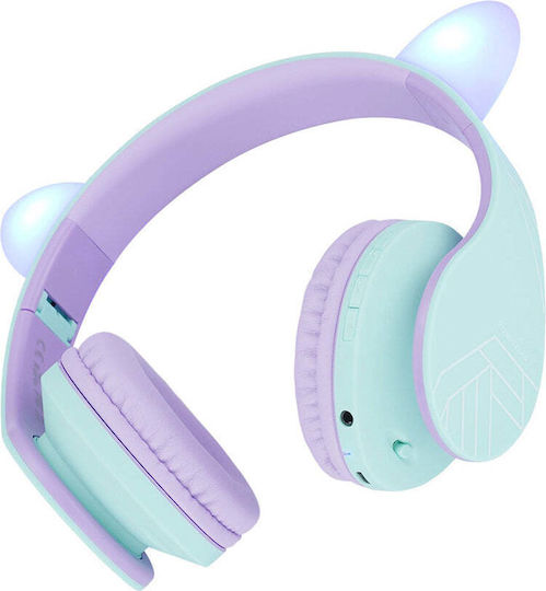 PowerLocus P2 Kids Cat Ears Ασύρματα / Ενσύρματα Over Ear Ακουστικά με Ραδιόφωνο με 20 ώρες Λειτουργίας Blue & Purple
