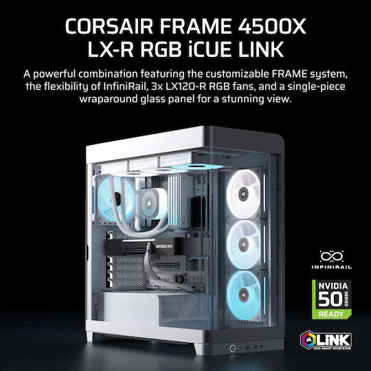 Corsair Frame 4500X LX-R RGB Геймърско бюро Midi Tower Компютърна кутия със страничен прозорец Бял