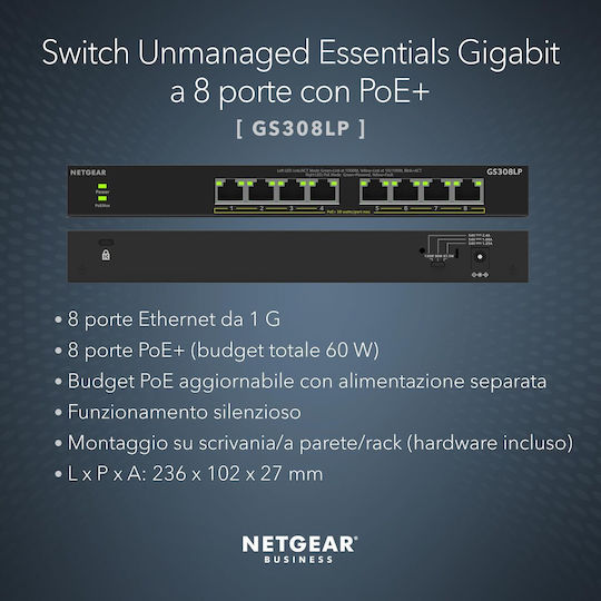 NetGear GS308LP Unmanaged L2 PoE+ Switch με 8 Θύρες Gigabit (1Gbps) Ethernet