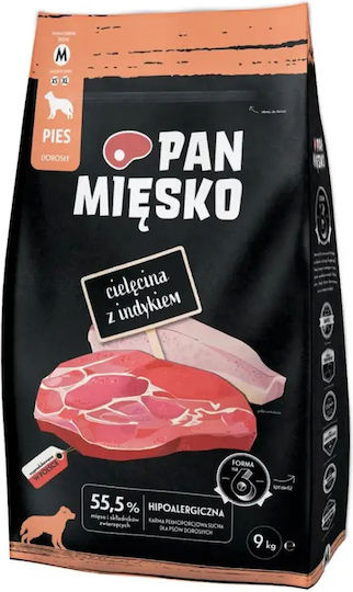 Pan Miesko 9kg Dry Food Gluten-Free for Adult Medium Breed Dogs with Turkey and Calf