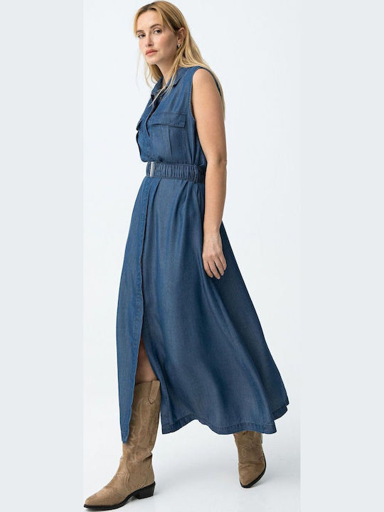 Καλοκαιρινό Midi Σεμιζιέ Φόρεμα Τζιν Dark Blue