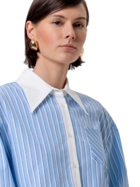Long Sleeve Women's Shirt White-Light Blue Striped