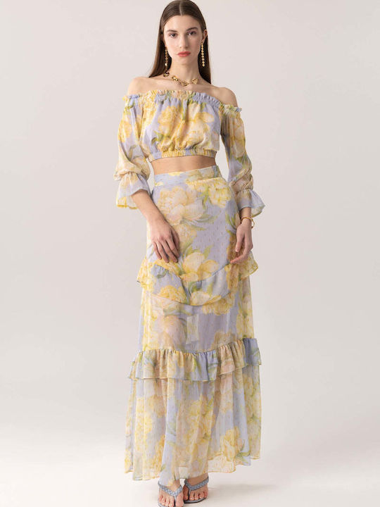 High Waist Maxi Skirt Floral Light Blue