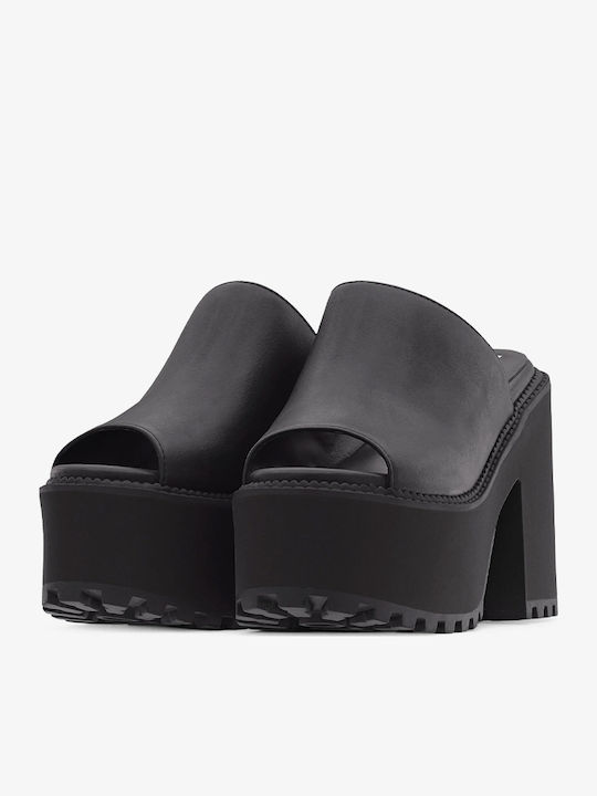 Buffalo Mules With Chunky High Heel In Black Colour