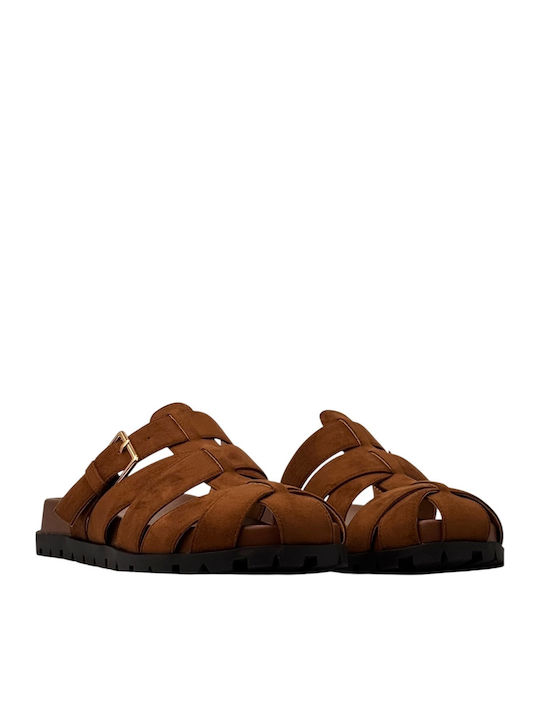 Suede Mules με Τακούνι σε Καφέ Χρώμα