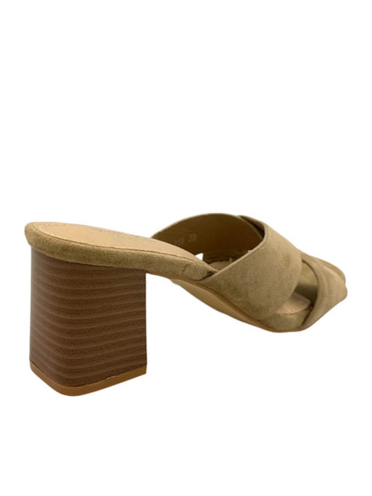 Suede Mules with Heel in Khaki Colour