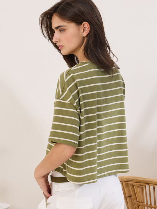 Women's Crop Top Cotton Short Sleeve Striped Olive