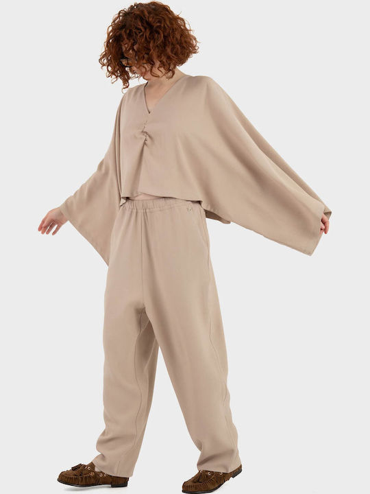 Damen Stoffhose in Lose Passform Hellbeige S39M0304-Hellbeige