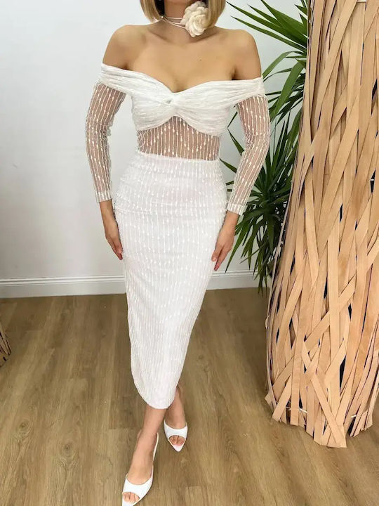 Midi Brautkleid Trägerlos Mit Spitze Weiß