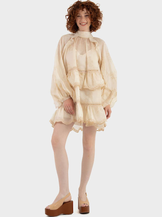 Mini Dress for Wedding / Christening with Lace Beige