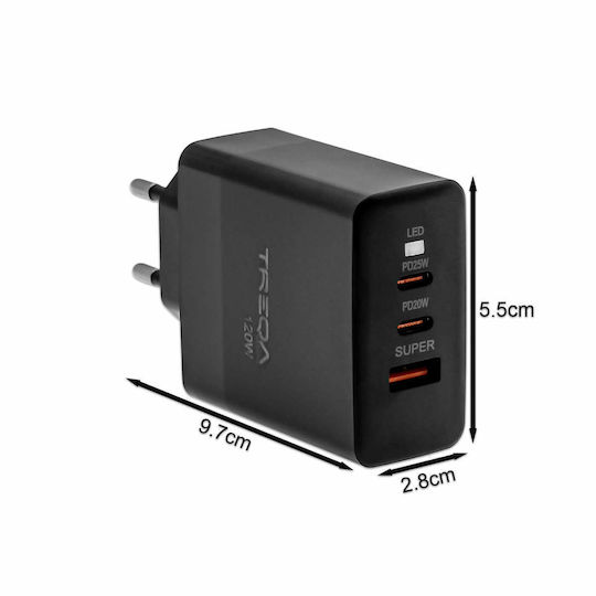 Treqa Ladegerät mit 2 USB-A-Anschlüssen und USB-C-Anschluss 120 W Power Delivery Schwarz (CH-652)