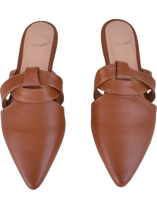 Leather Mules With Heel In Tabac Brown Colour