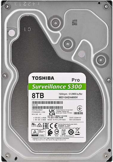 Toshiba S300 Pro Surveillance Bulk 8TB HDD Σκληρός Δίσκος 3.5" SATA III 7200rpm με 512MB Cache για NAS MD10ADA800V