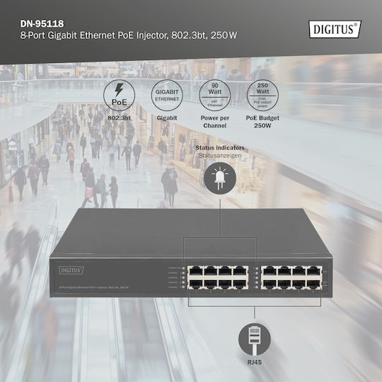 Network Switch Digitus 8-port Gigabitgabit Poe + Injektor 250w Schw