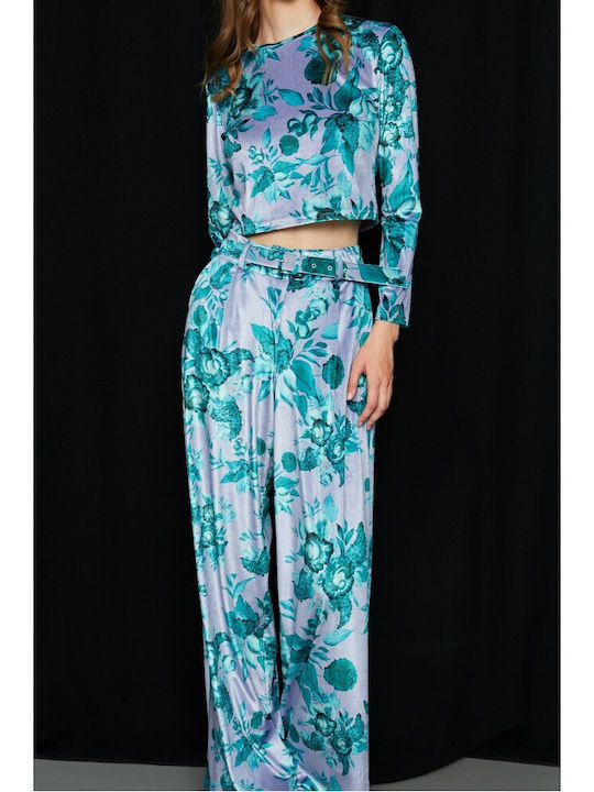 Women's Velvet Pantaloons Floral Lilac Petrol